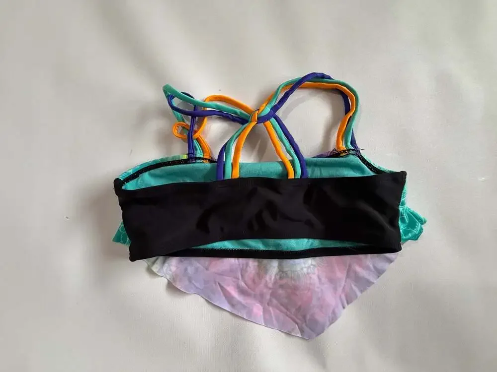 Girls Rainbow Mandala Print Ruffle Bikini Swim Top Strappy Summer Beach M 7-8